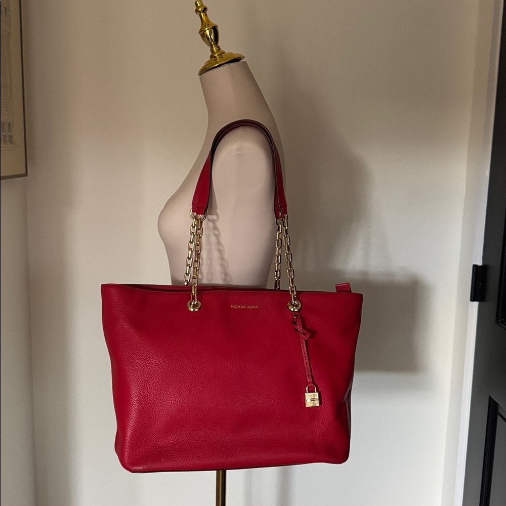 Michael Kors Cherry Red Tote with Gold Accents